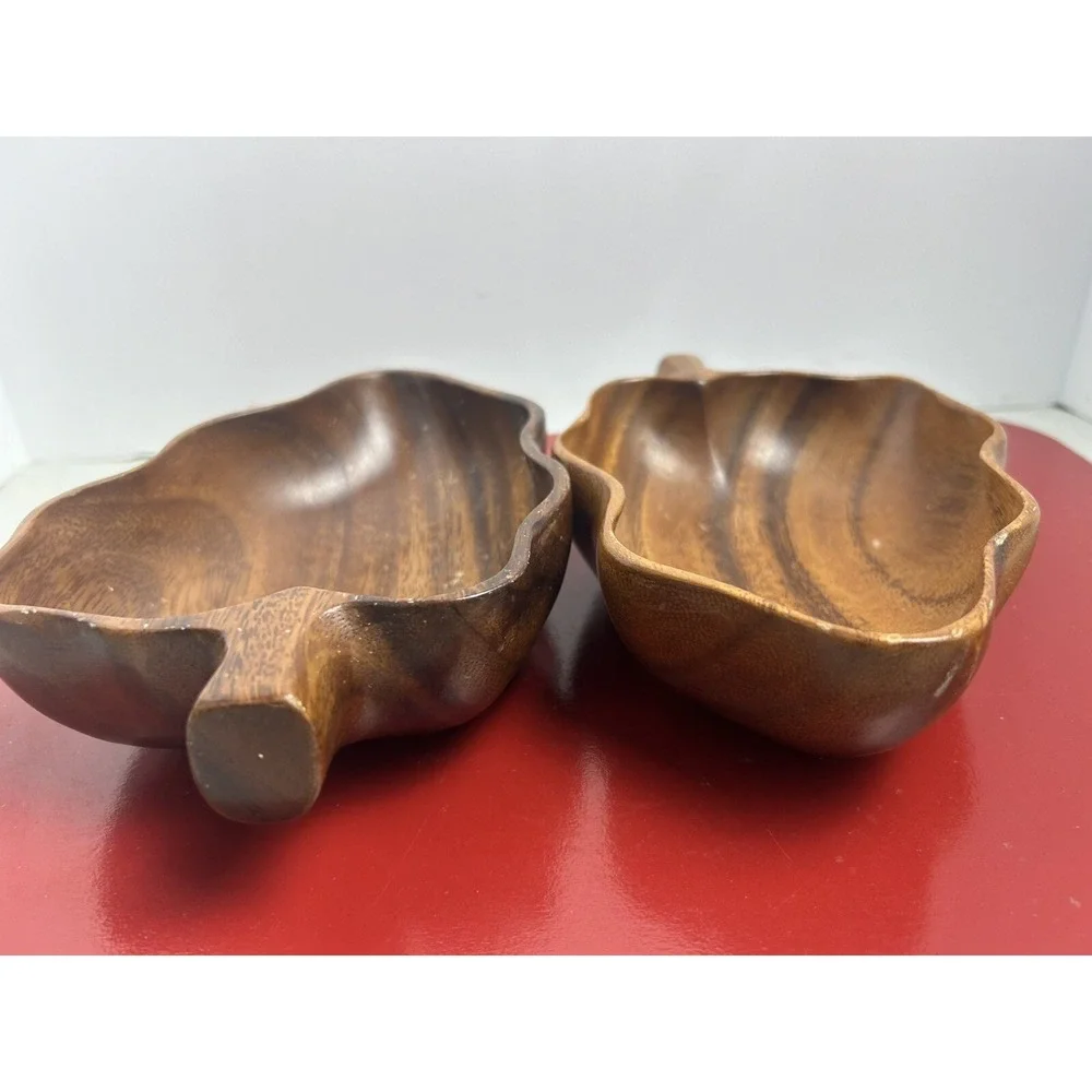 2‎ Vintage Monkey Pod Wood Leaf  Snack Bowl Trinket Dish Tiki Set Philippines